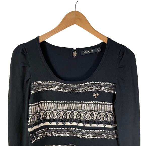 La Chapelle Women's Wool Blend Long Sleeve Lace Sweater Black Size XS Boho Chic - Picture 3 of 9